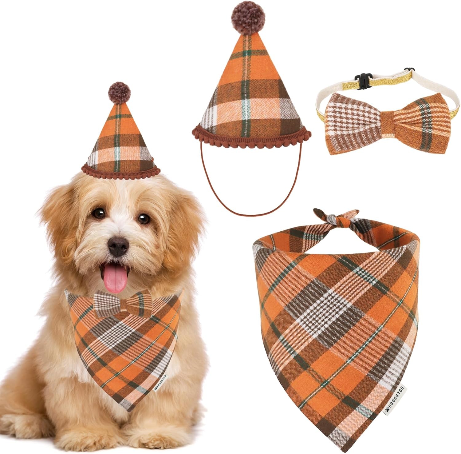 ADOGGYGO Christmas Dog Bandana Hat Bow Tie Set - Classic Red Plaid Pet Xmas Scarf Hat Christmas Costume Outfit for Medium Large Dogs Pets (Large)